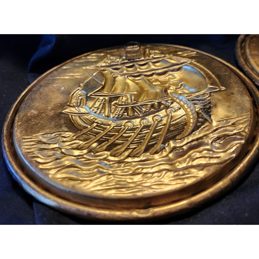 2 Vintage Embossed Brass Wall Decor w/  Sailing Ships & Seagulls 8” England - Picture 5 of 7